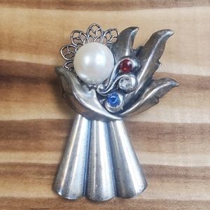 Vintage Silver Tone Red, White & Blue Rhinestone Angel Brooch